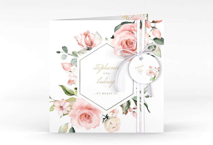 Hochzeitseinladung Graceful quadr. Klappkarte weiss silber mit Rosenblüten in Rosa und Weiß