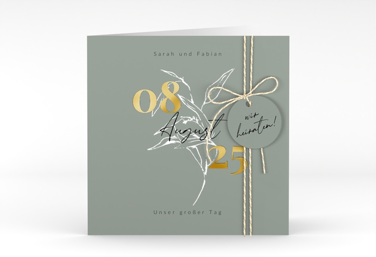Hochzeitseinladung Seed quadr. Klappkarte gruen gold mit Pflanzen-Illustration und elegantem Datum