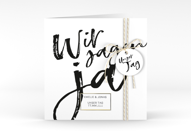 Hochzeitseinladung Words quadr. Klappkarte weiss silber modern mit Brush-Schrift