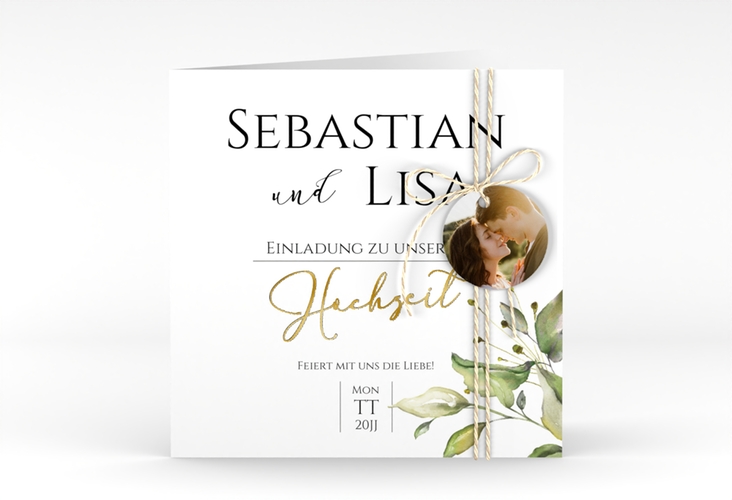 Hochzeitseinladung Leaves quadr. Klappkarte weiss gold