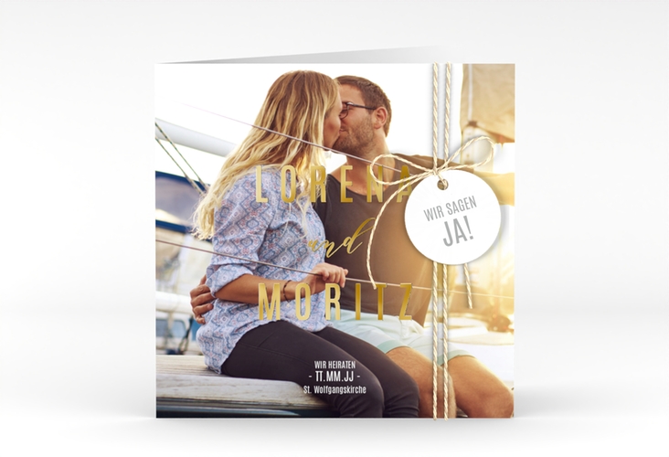 Hochzeitseinladung Memory quadr. Klappkarte weiss gold