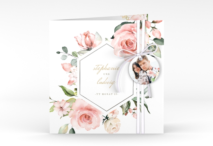 Hochzeitseinladung Graceful quadr. Klappkarte weiss silber mit Rosenblüten in Rosa und Weiß