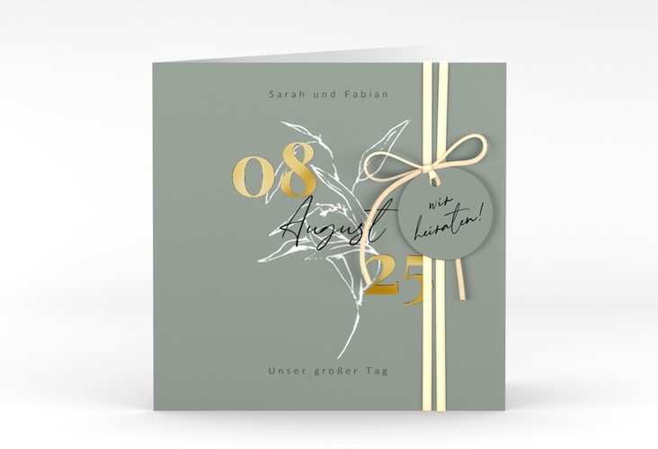 Hochzeitseinladung Seed quadr. Klappkarte gruen gold mit Pflanzen-Illustration und elegantem Datum