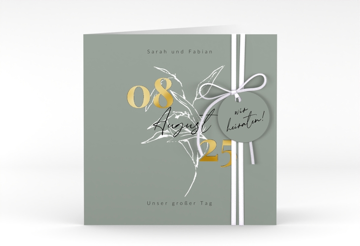 Hochzeitseinladung Seed quadr. Klappkarte gruen gold mit Pflanzen-Illustration und elegantem Datum