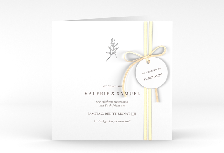 Hochzeitseinladung Ivy quadr. Klappkarte weiss silber minimalistisch mit kleiner botanischer Illustration