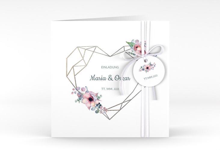Hochzeitseinladung Herzgold quadr. Klappkarte weiss silber