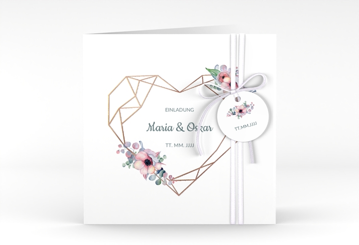 Hochzeitseinladung Herzgold quadr. Klappkarte weiss rosegold