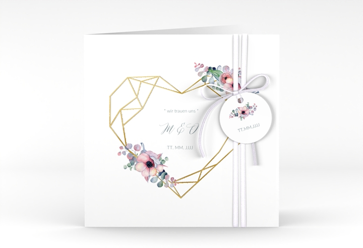 Hochzeitseinladung Herzgold quadr. Klappkarte weiss gold