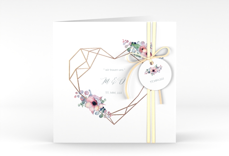 Hochzeitseinladung Herzgold quadr. Klappkarte weiss rosegold