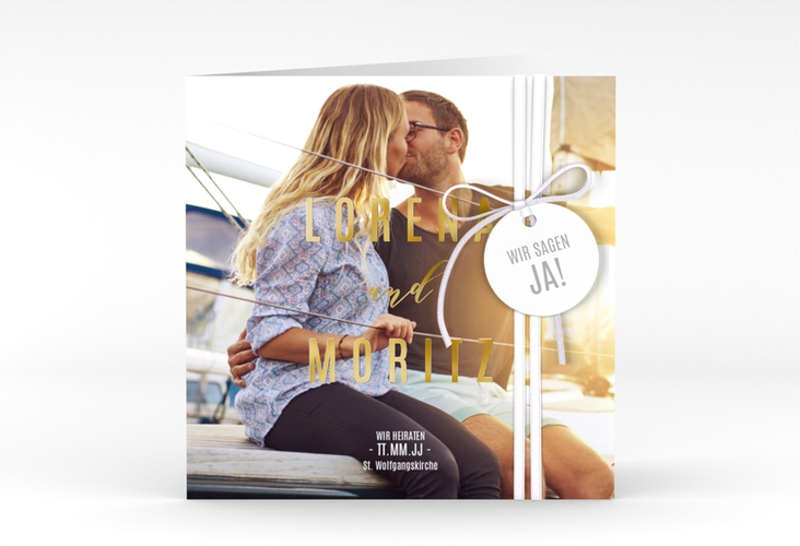 Hochzeitseinladung Memory quadr. Klappkarte weiss gold