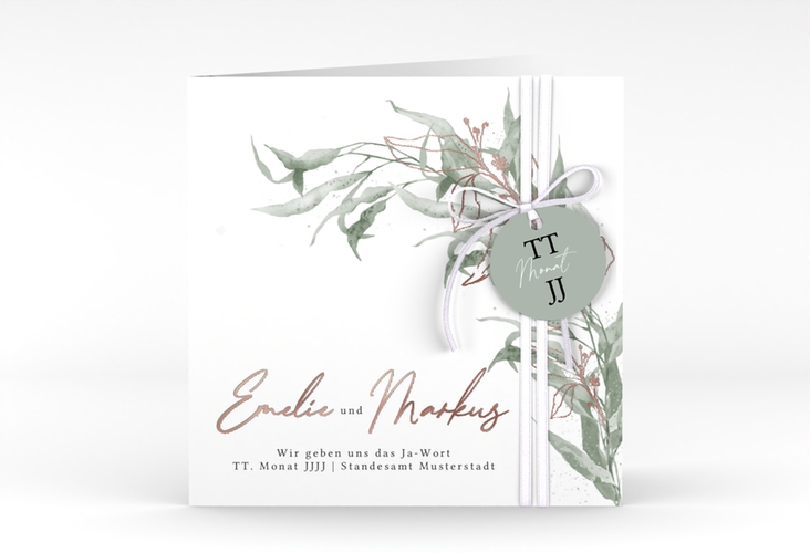 Hochzeitseinladung  Eucalyptus Green quadr. Klappkarte weiss rosegold