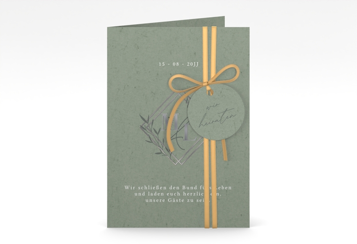 Hochzeitseinladung Greenletter A6 Klappkarte hoch silber mit Initialen in elegantem Goldrahmen mit Blättern