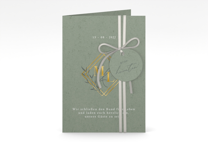 Hochzeitseinladung Greenletter A6 Klappkarte hoch gold mit Initialen in elegantem Goldrahmen mit Blättern