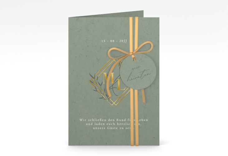 Hochzeitseinladung Greenletter A6 Klappkarte hoch gold mit Initialen in elegantem Goldrahmen mit Blättern
