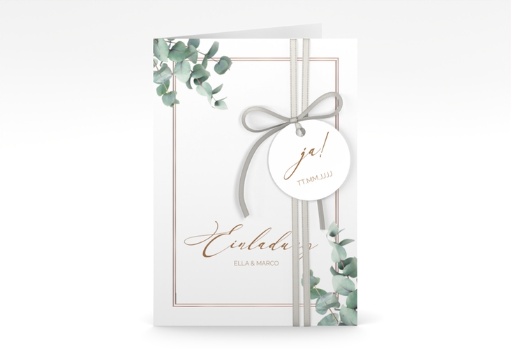 Einladungskarte Hochzeit Eucalypt A6 Klappkarte hoch rosegold mit Eukalyptus und edlem Rahmen