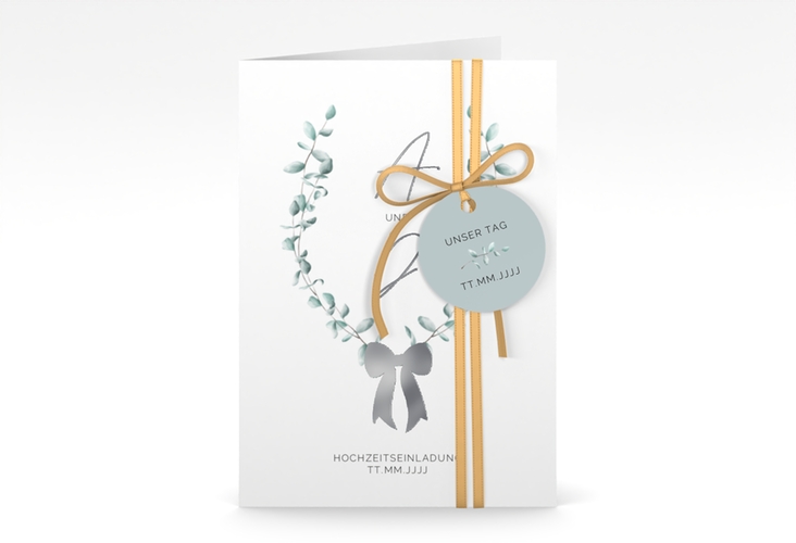 Einladungskarte Hochzeit Eucalypt Bow A6 Klappkarte hoch silber