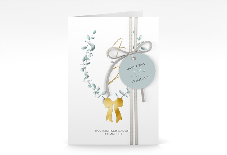 Einladungskarte Hochzeit Eucalypt Bow A6 Klappkarte hoch gold