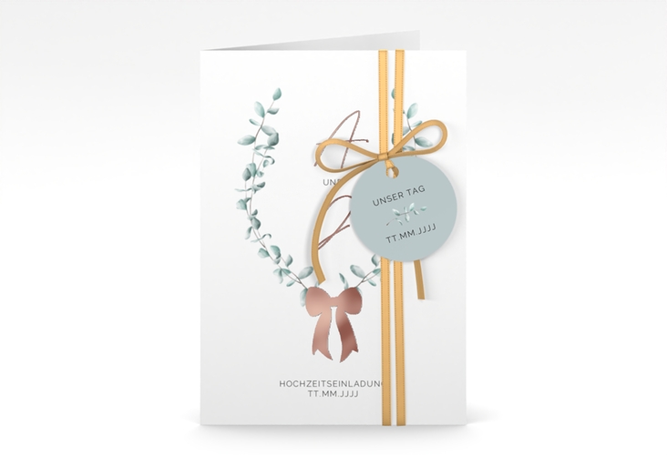 Einladungskarte Hochzeit Eucalypt Bow A6 Klappkarte hoch rosegold