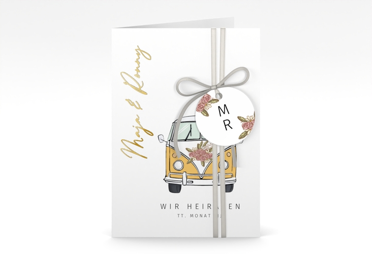 Einladungskarte Hochzeit Hochzeitsbulli A6 Klappkarte hoch gold mit Gräsern und Trockenblumen für Boho-Hochzeit