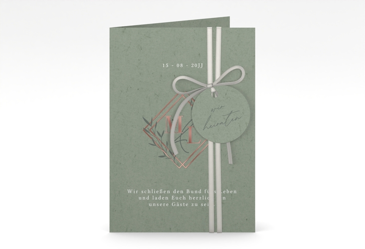 Hochzeitseinladung Greenletter A6 Klappkarte hoch rosegold mit Initialen in elegantem Goldrahmen mit Blättern