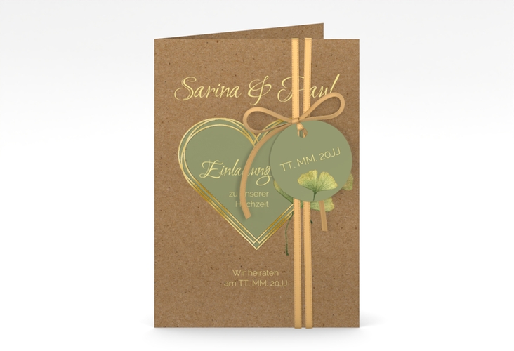 Einladungskarte Hochzeit Ginko A6 Klappkarte hoch gold mit Herz und zwei Ginkgo-Blättern