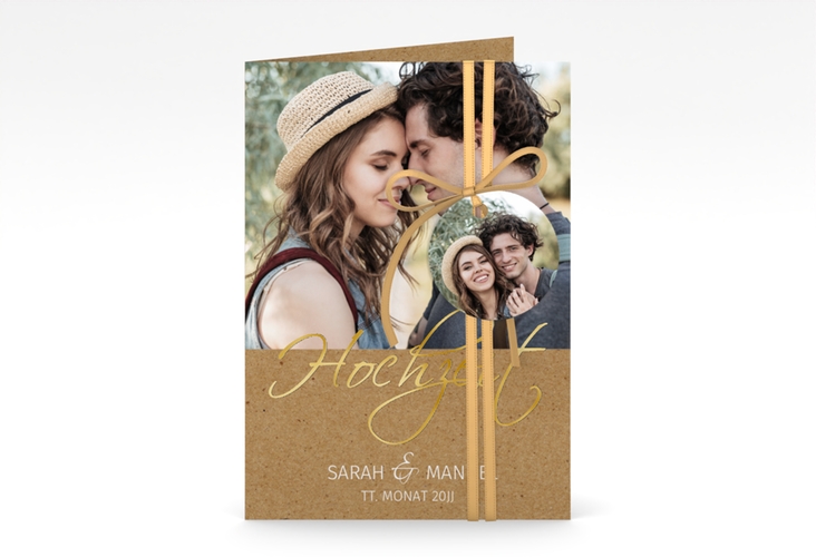 Einladungskarte Hochzeit Big Picture A6 Klappkarte hoch gold mit Foto des Brautpaars