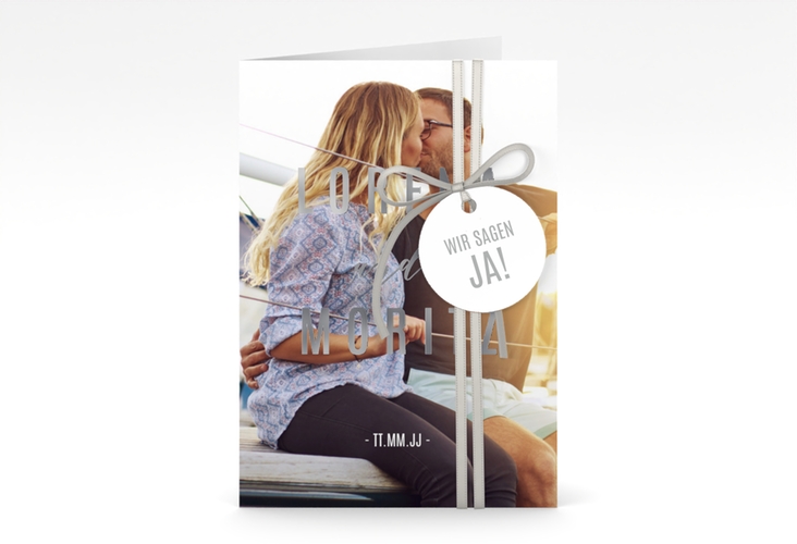 Einladungskarte Hochzeit Memory A6 Klappkarte hoch silber