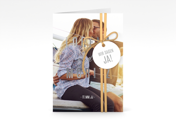 Einladungskarte Hochzeit Memory A6 Klappkarte hoch silber