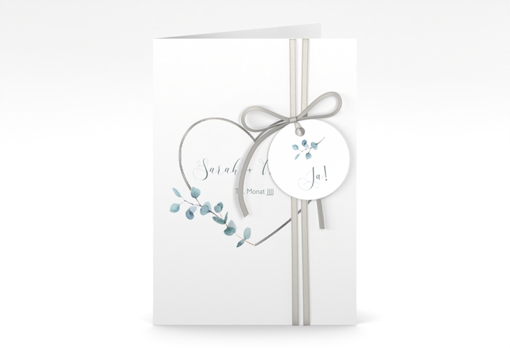 Einladungskarte Hochzeit Greenheart A6 Klappkarte hoch silber mit elegantem Herz und Eukalyptus-Zweig