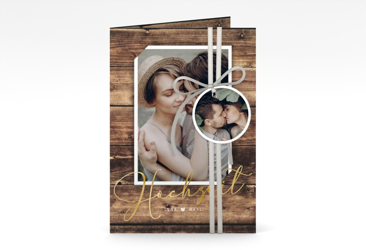 Einladungskarte Hochzeit Rustic A6 Klappkarte hoch gold