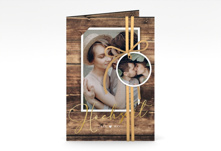 Einladungskarte Hochzeit Rustic A6 Klappkarte hoch gold