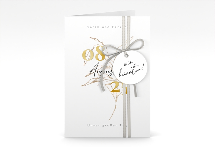 Einladungskarte Hochzeit Seed A6 Klappkarte hoch gold mit Pflanzen-Illustration und elegantem Datum