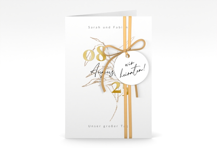 Einladungskarte Hochzeit Seed A6 Klappkarte hoch gold mit Pflanzen-Illustration und elegantem Datum