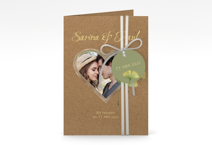 Einladungskarte Hochzeit Ginko A6 Klappkarte hoch rosegold mit Herz und zwei Ginkgo-Blättern