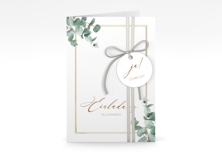 Einladungskarte Hochzeit Eucalypt A6 Klappkarte hoch gold mit Eukalyptus und edlem Rahmen
