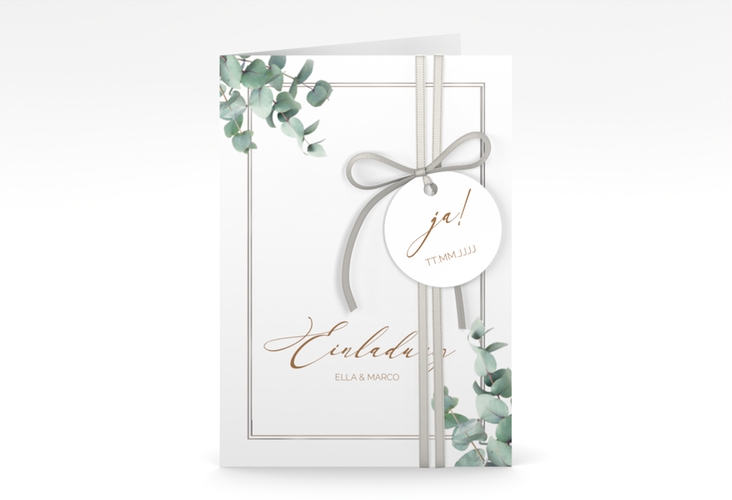 Einladungskarte Hochzeit "Eucalypt" A6 Klappkarte hoch silber mit Eukalyptus und edlem Rahmen