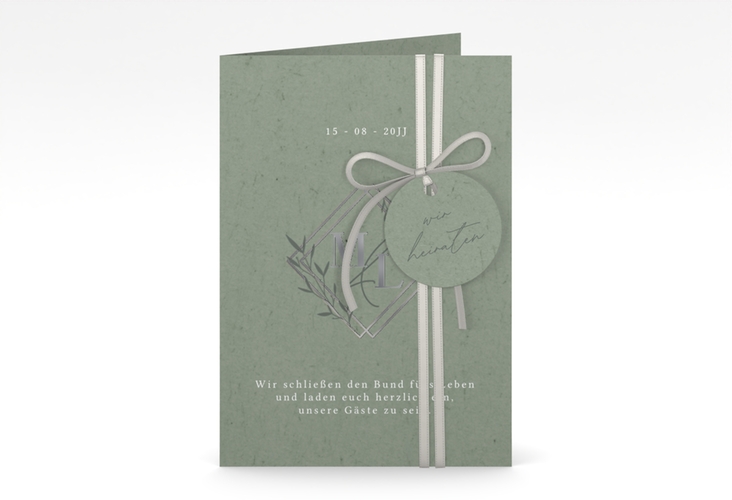 Hochzeitseinladung Greenletter A6 Klappkarte hoch silber mit Initialen in elegantem Goldrahmen mit Blättern