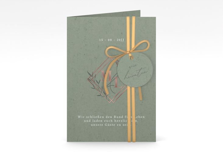 Hochzeitseinladung Greenletter A6 Klappkarte hoch rosegold mit Initialen in elegantem Goldrahmen mit Blättern