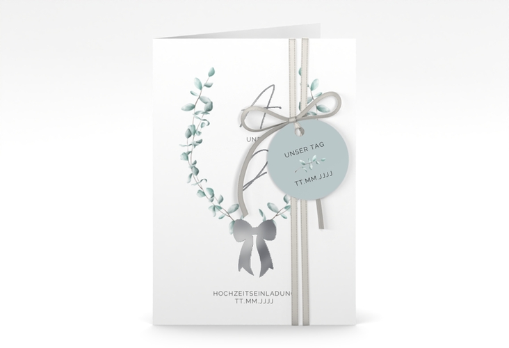 Einladungskarte Hochzeit Eucalypt Bow A6 Klappkarte hoch silber