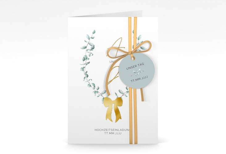Einladungskarte Hochzeit Eucalypt Bow A6 Klappkarte hoch gold