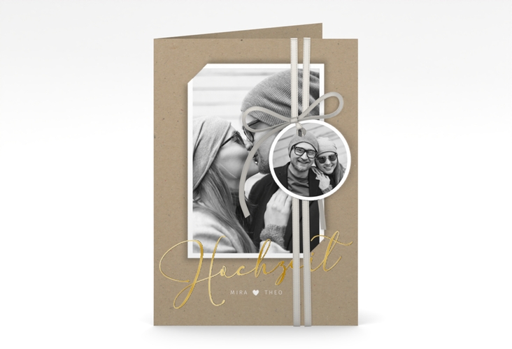 Einladungskarte Hochzeit Crafty A6 Klappkarte hoch gold mit Foto des Brautpaars