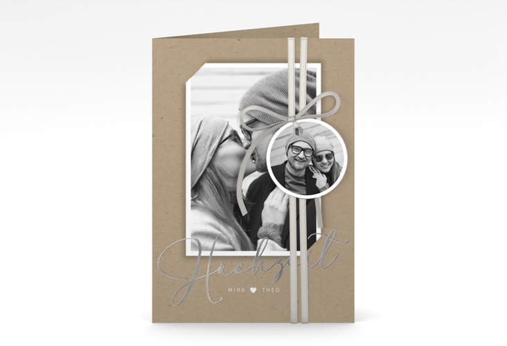 Einladungskarte Hochzeit Crafty A6 Klappkarte hoch silber mit Foto des Brautpaars