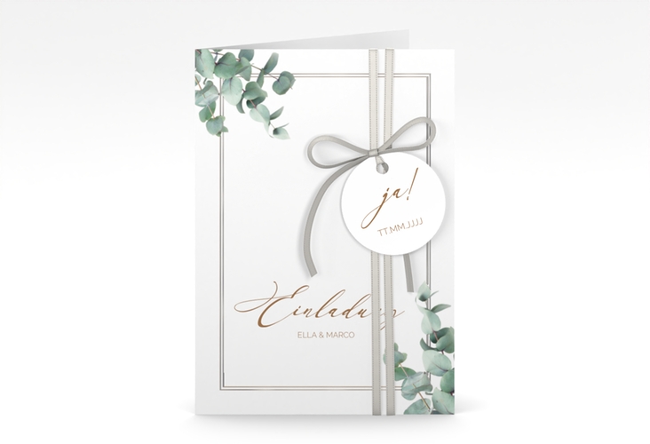 Einladungskarte Hochzeit Eucalypt A6 Klappkarte hoch silber mit Eukalyptus und edlem Rahmen