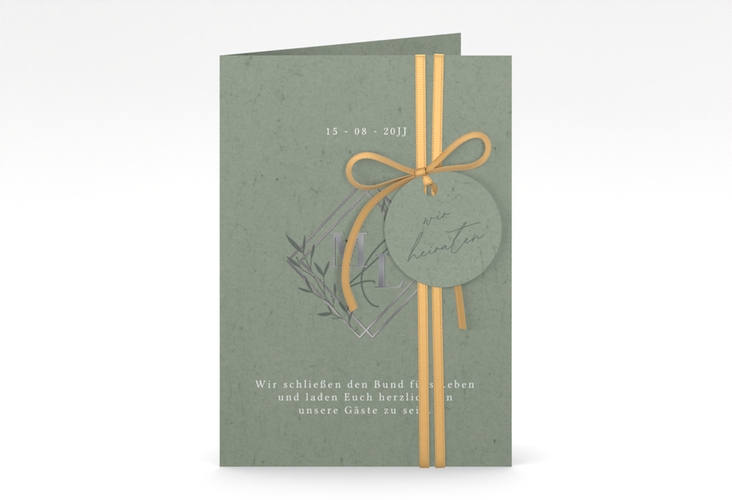 Hochzeitseinladung Greenletter A6 Klappkarte hoch silber mit Initialen in elegantem Goldrahmen mit Blättern