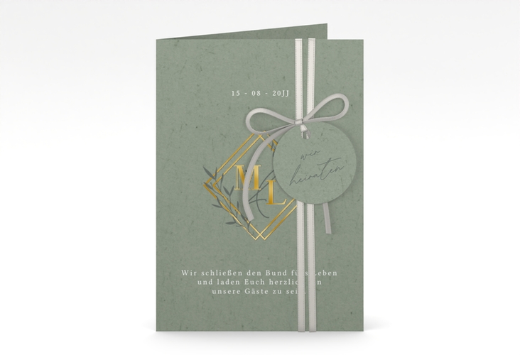 Hochzeitseinladung Greenletter A6 Klappkarte hoch gold mit Initialen in elegantem Goldrahmen mit Blättern