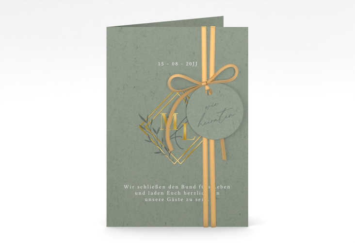 Hochzeitseinladung Greenletter A6 Klappkarte hoch gold mit Initialen in elegantem Goldrahmen mit Blättern