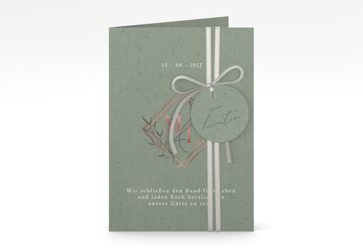 Hochzeitseinladung Greenletter A6 Klappkarte hoch rosegold mit Initialen in elegantem Goldrahmen mit Blättern