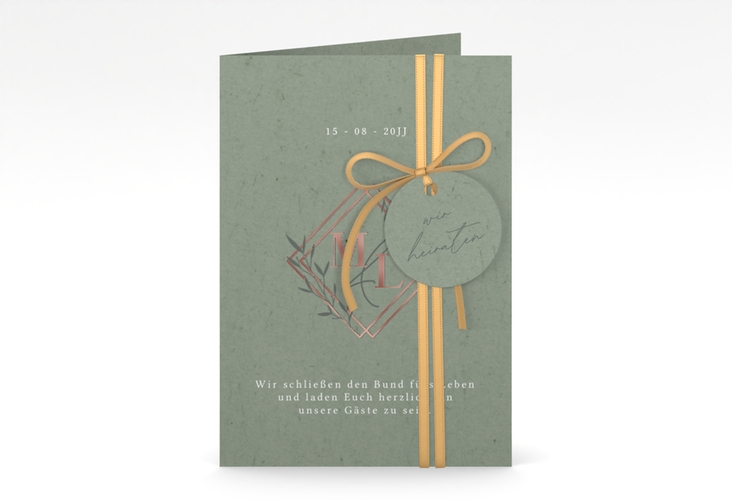 Hochzeitseinladung Greenletter A6 Klappkarte hoch rosegold mit Initialen in elegantem Goldrahmen mit Blättern