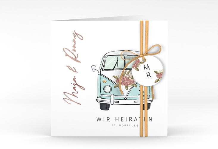 Hochzeitseinladung Hochzeitsbulli quadr. Klappkarte blau rosegold