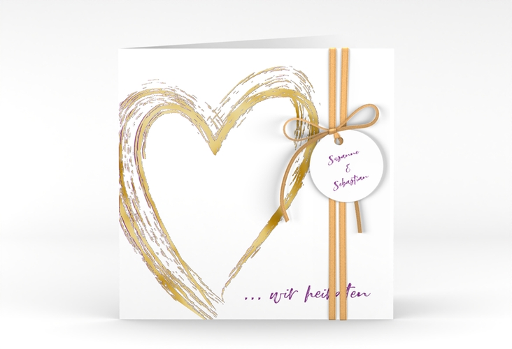 Hochzeitseinladung Liebe quadr. Klappkarte lila gold